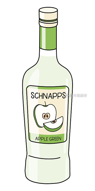 绿苹果杜松子酒。涂鸦卡通嬉皮风格矢量插图孤立在白色背景。派对卡，海报，酒吧菜单或酒类烹饪书