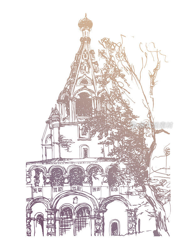 矢量追踪了雅罗斯拉夫尔市古代钟楼的金色建筑草图，传统的斜屋顶，分层屋顶窗，桶柱拱廊
