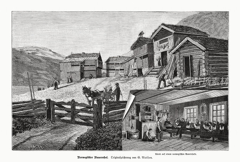 挪威农场的历史观点，木刻，出版于1885年