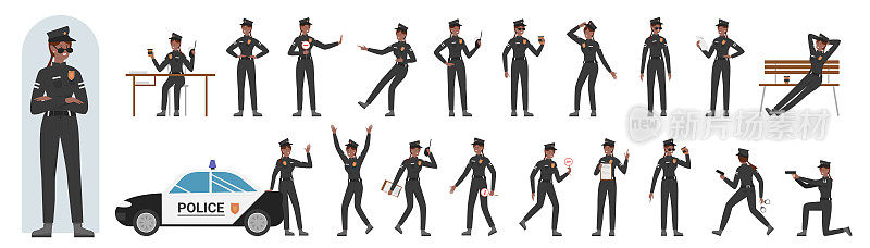 黑人女警官角色摆造型，年轻女子身穿制服，戴着帽子站着