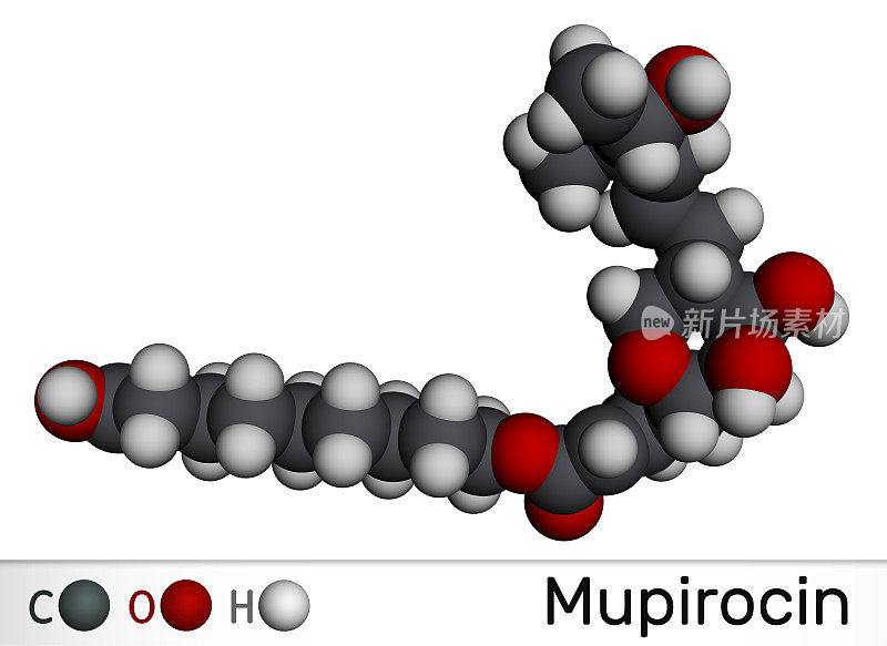 莫匹罗星分子。它是一种抗菌软膏，用于治疗脓疱疮和皮肤感染。分子模型。三维渲染