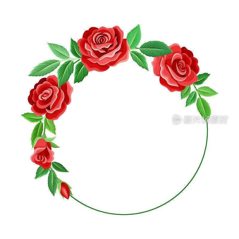 圆玫瑰框架与红色茂盛的芽和绿叶排列在形状与边界矢量插图