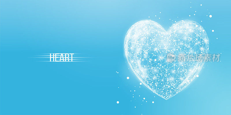 白色的心。情人节快乐。线框低多边形风格。抽象现代三维矢量插图在蓝色背景。