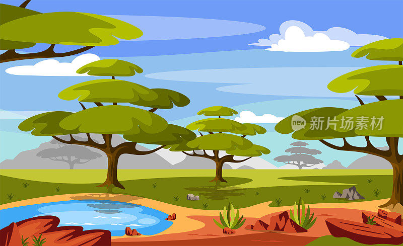 一个美丽的夏季大草原矢量插图。卡通非洲景观，树木，山脉，湖泊。