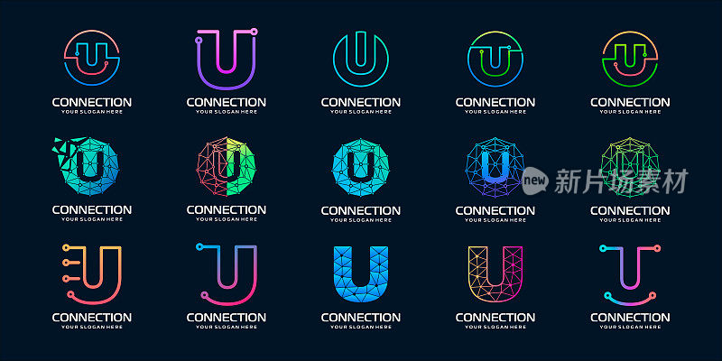 一套创意字母U现代数码科技标志设计。该标志可用于科技、数字、连接、电气等公司。