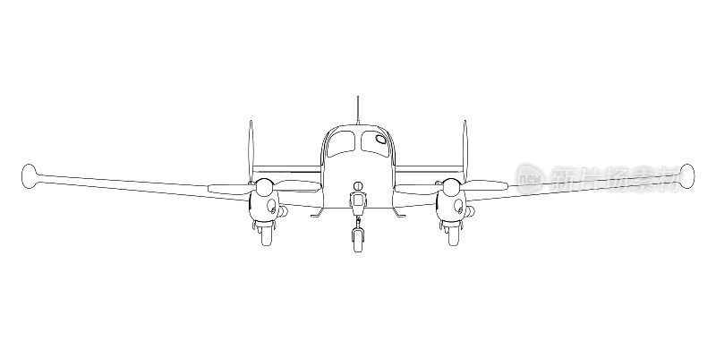 一架飞机的轮廓与螺旋桨从黑线孤立在白色背景。前视图。矢量插图。