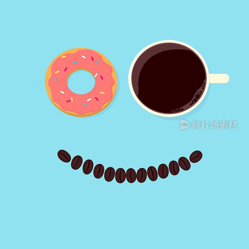 早上好咖啡，一杯醒来的黑咖啡和甜可口的甜甜圈作为眼睛微笑的咖啡豆在蓝色的背景，新鲜的饮料和甜点烘焙早餐矢量插图。