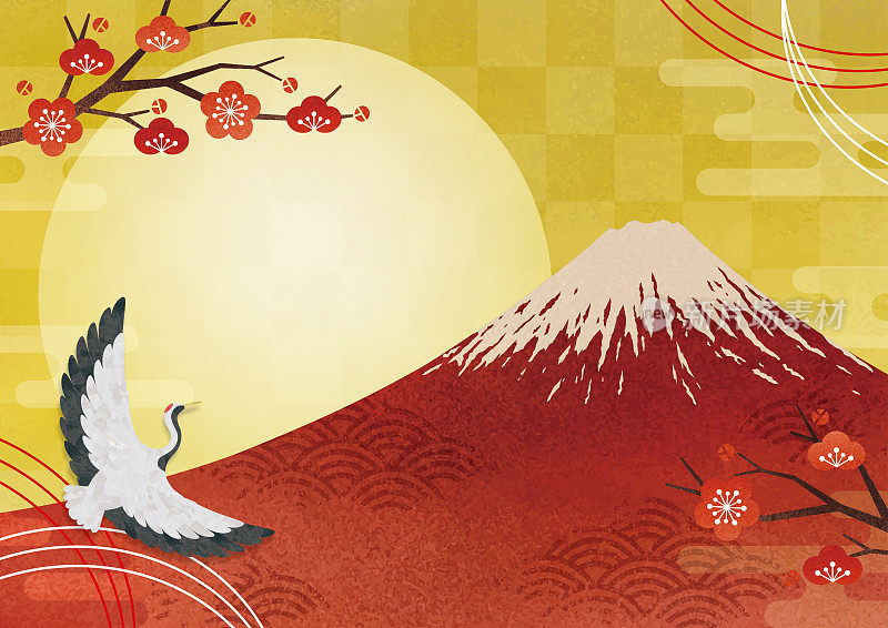 日本红色的富士山和李树在金色的背景