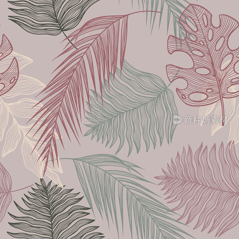 热带线性无缝图案与怪物，棕榈叶，蕨类植物，分枝在米色背景。不同叶子的线条艺术