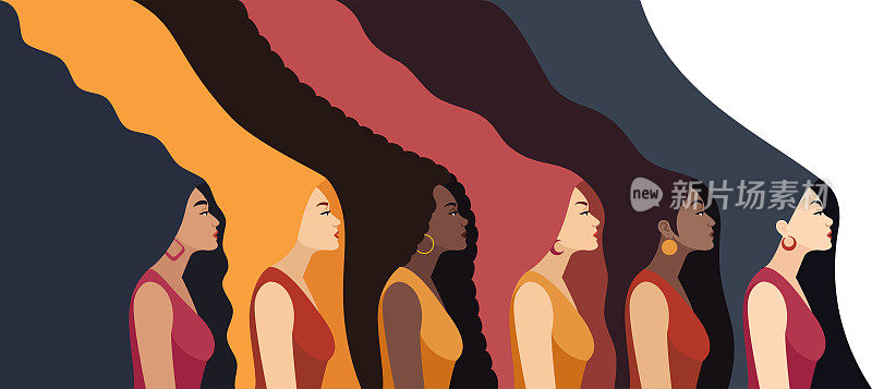 多民族群体。有着长长的抽象头发的漂亮女人。《女性的力量》。