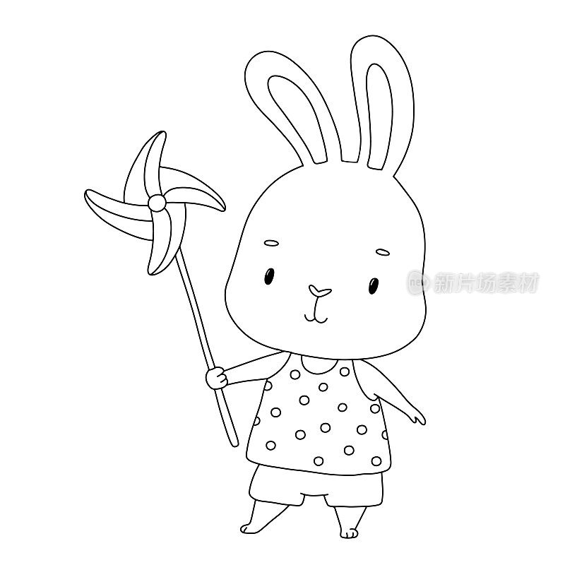 可爱的兔子与风旋转玩具。可爱的轮廓兔插图着色书。野兔与衣服性格孤立在白色