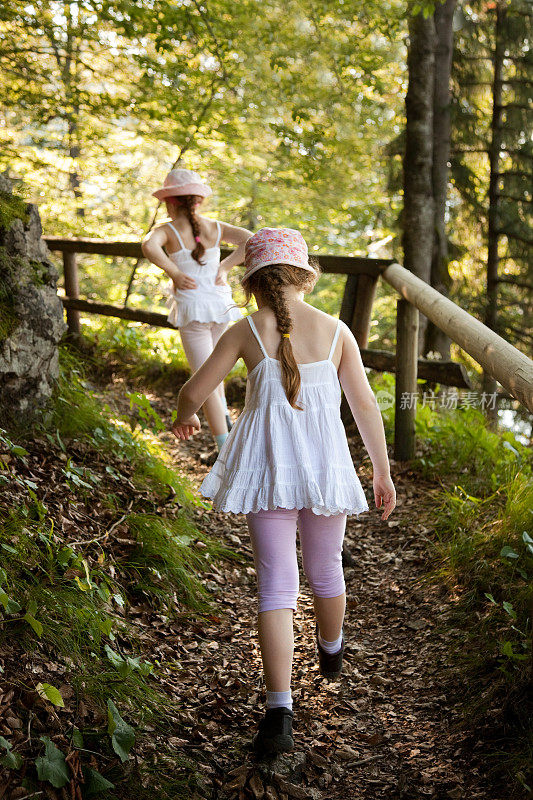 女孩们在树林里散步