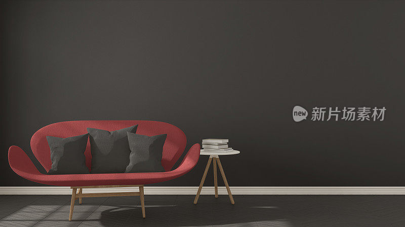 斯堪的纳维亚简约的深色背景，配以红色沙发人字形天然拼花地板，室内设计