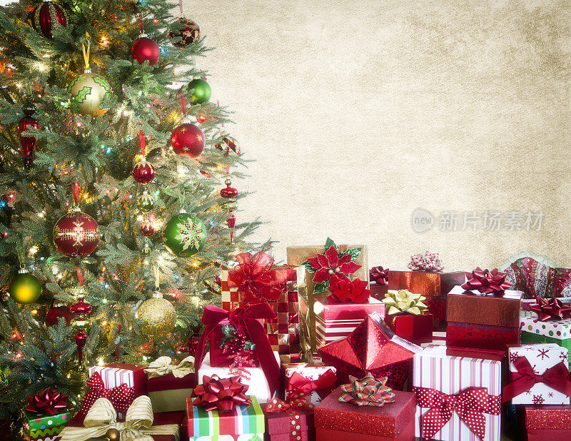 圣诞树和礼物纹理Grunge复古背景
