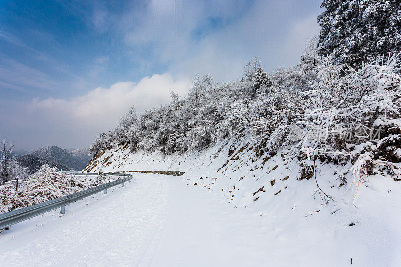 山上的树木覆盖着白霜和白雪