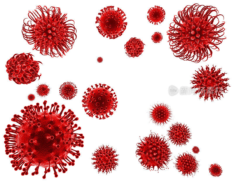 红色抽象病毒隔离在白色背景3D渲染。