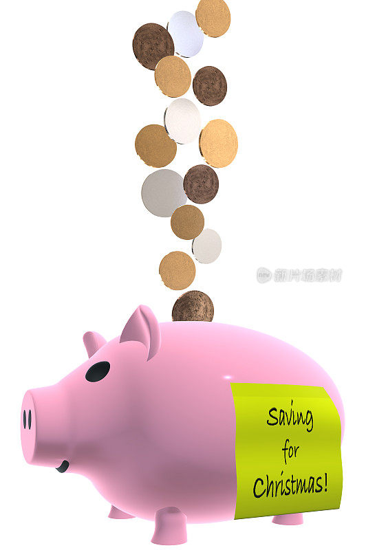 侧面是一个粉红色储蓄罐的3D模型，它的正上方是硬币，侧面是一个黄色的标签，上面写着“为圣诞节存钱”，背景是纯白色。