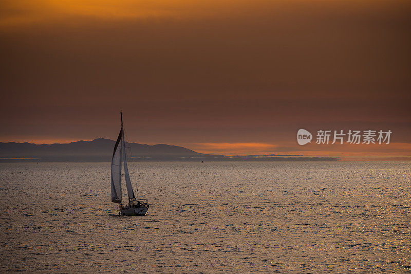 日落时分，一艘游艇在平静的海面上驶向卡特琳娜岛