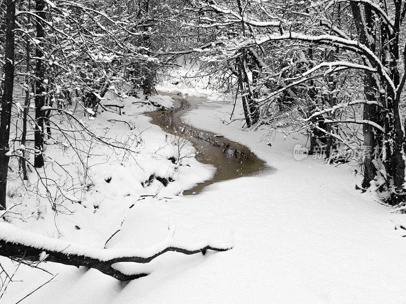 小溪流经雪野仙境后的暴风雪