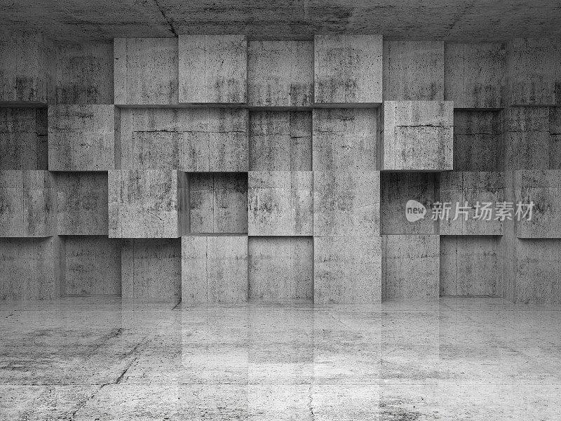 抽象的空混凝土内部，墙上有立方体