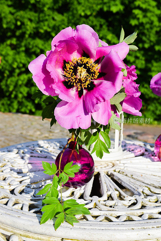 粉红色的花放在复古的白色桌子上，作为婚礼的装饰
