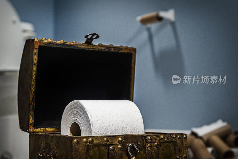 这是一个古董宝箱的特写，浴室地板上有一卷打开的备用厕纸