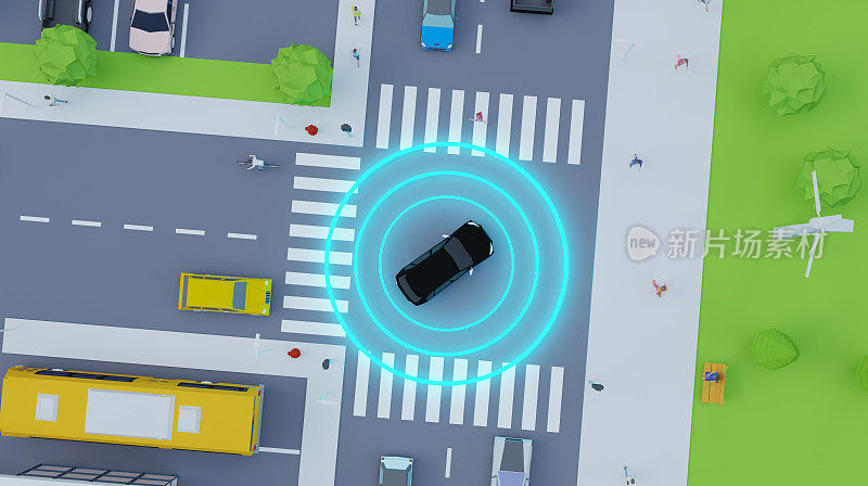 带有传感器的电动汽车可以通过交通，避免碰撞