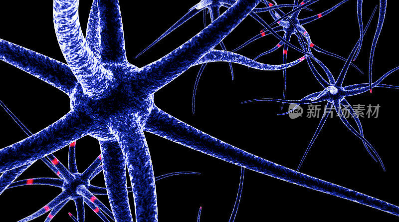 神经元在黑色背景上的3D渲染。许多神经细胞在背景中发出红光。背景很清楚。
