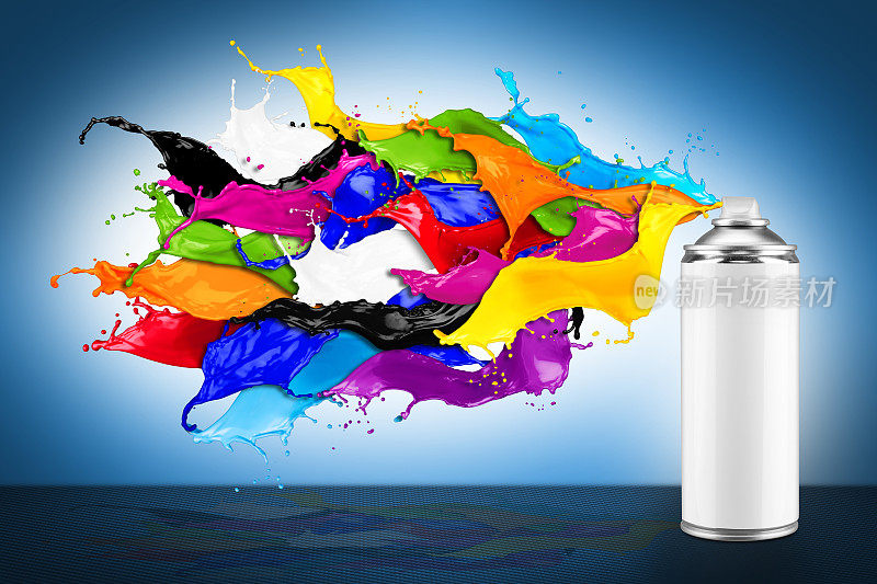喷淋可喷涂彩色彩虹涂料液体彩色飞溅爆炸蓝白色背景。工业diy喷漆涂鸦概念。
