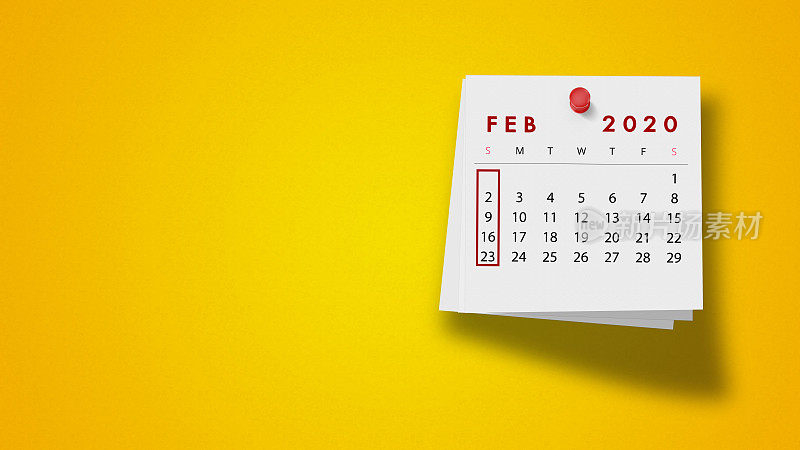 2020年2月日历在笔记本上黄色背景
