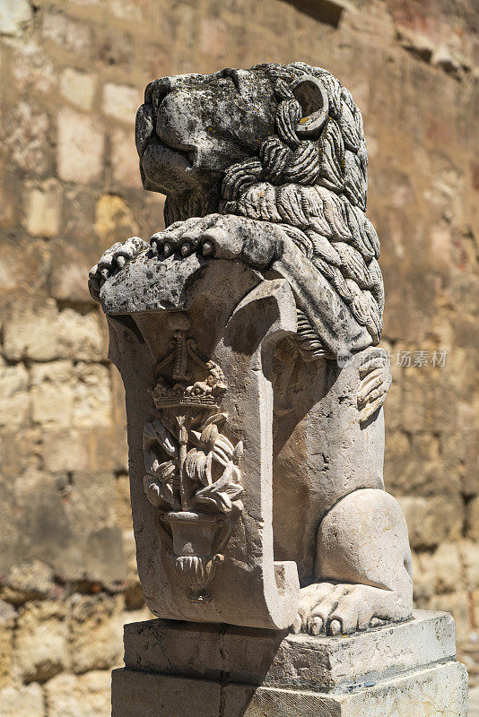 西班牙，莱昂，格兰诺广场(谷物广场)中世纪教堂外的狮子雕像。