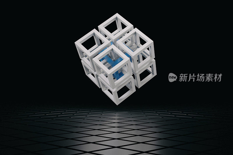 区块链技术(数字加密货币)的3D渲染图像悬浮在黑色闪亮的瓷砖地板和黑色背景上