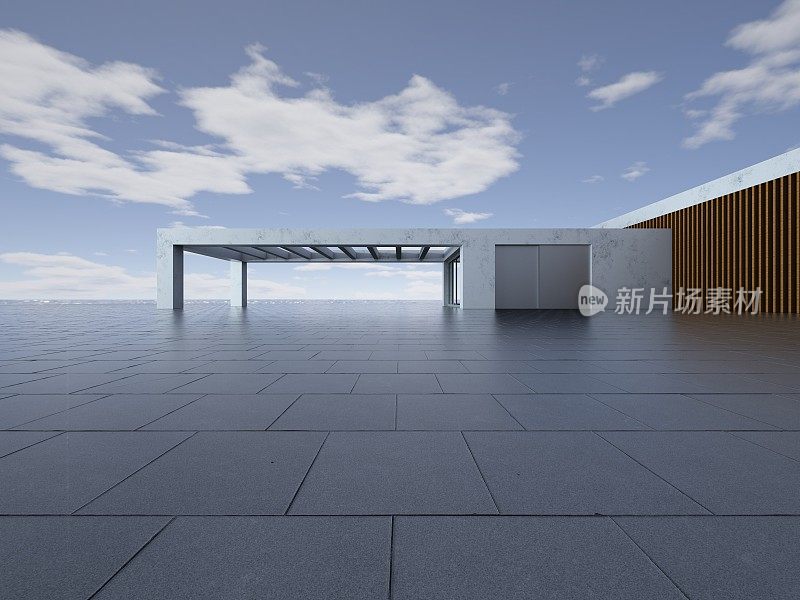 3d渲染未来主义建筑背景与空混凝土地板，汽车呈现。