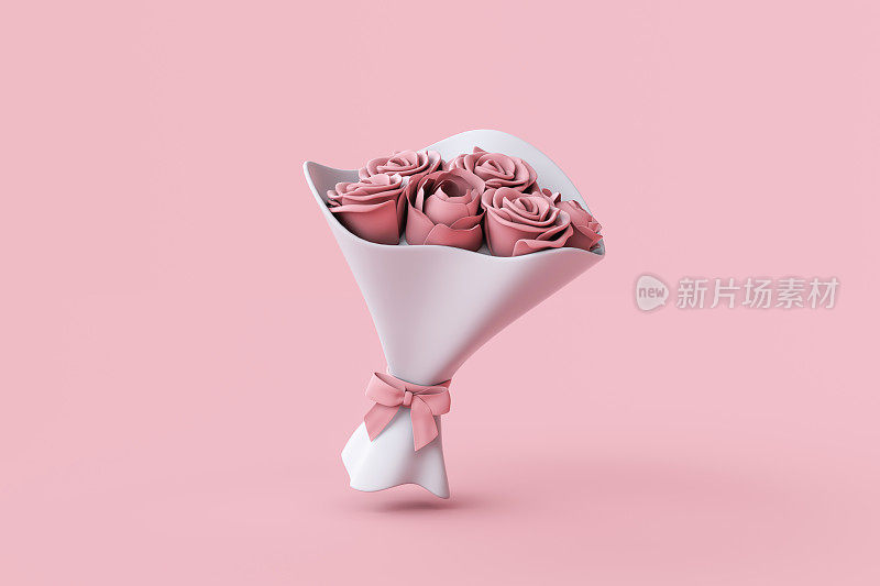 粉色玫瑰花束，情人节概念，3d渲染