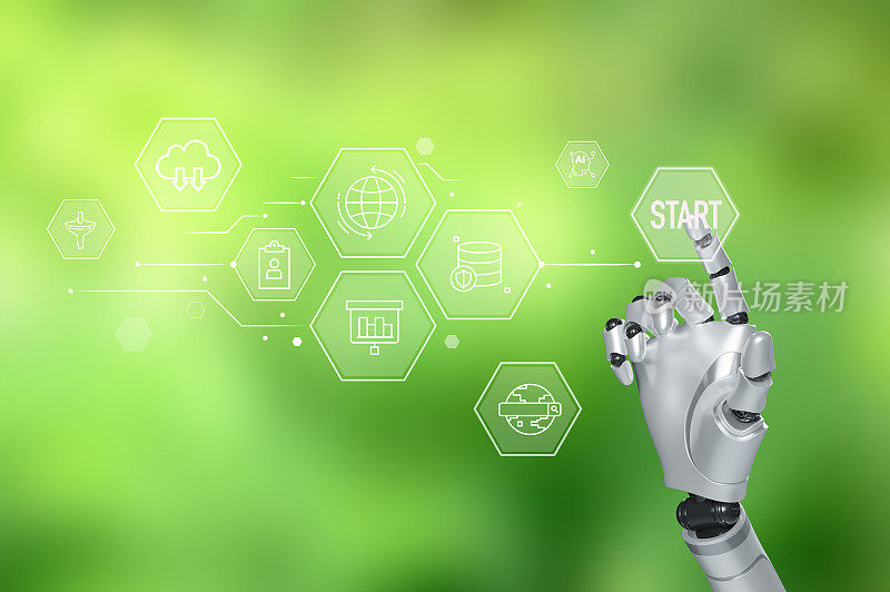 人工智能机器人手带环保图标绿色科技与环保科技科学人工智能与清洁空气理念与可持续发展目标