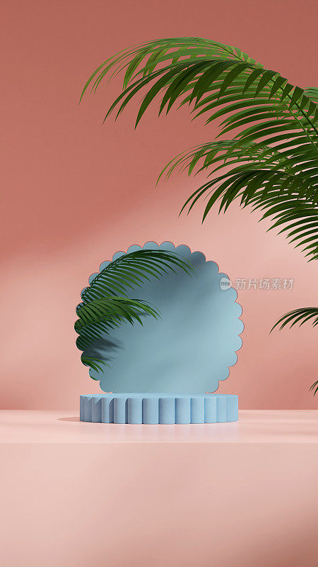 粉红色的墙壁和棕榈树，3d渲染图像留白空间浅蓝色圆柱基座在肖像