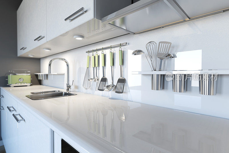3d图像的现代白色厨房干净的室内设计