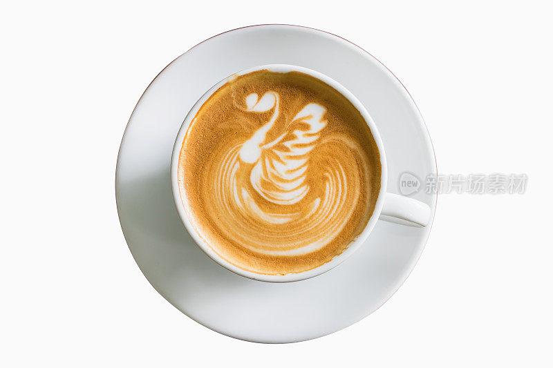 顶视图咖啡拿铁艺术上的白色背景孤立。