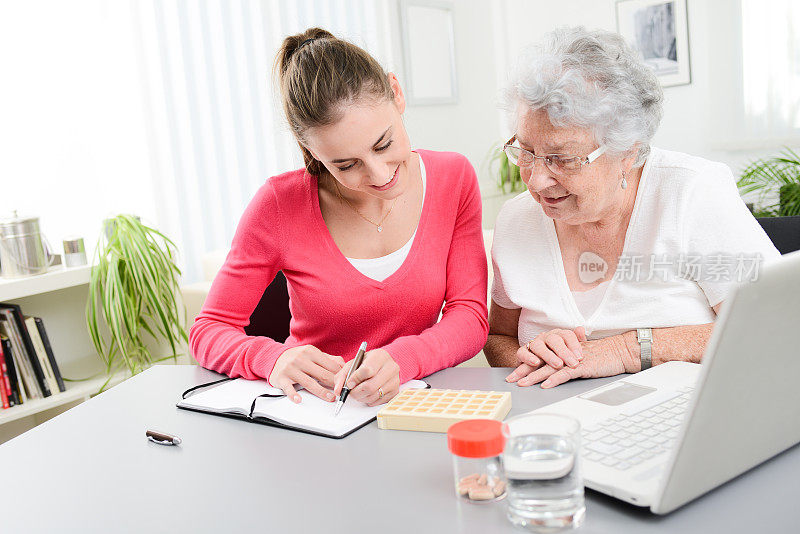 快乐的年轻妇女帮助老年妇女与药物处方