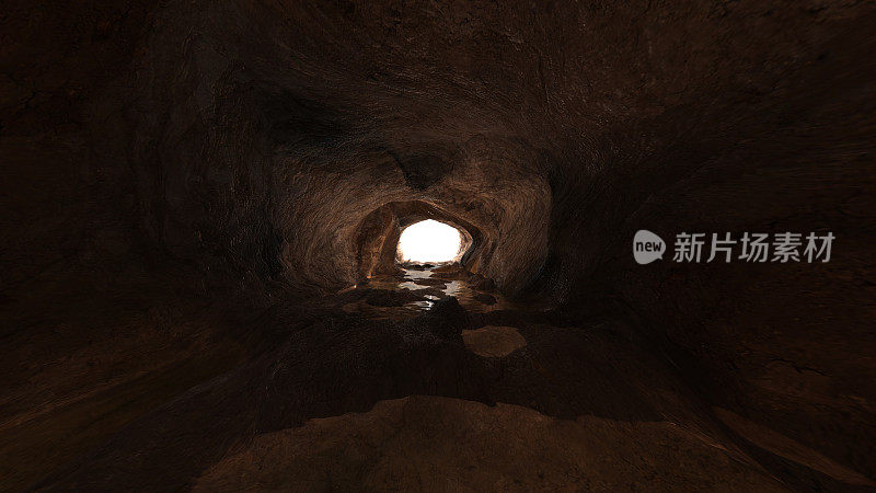 黑暗洞穴3d入口，纹理背景光在末端。