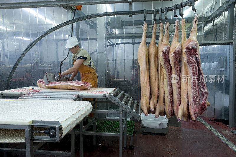 在食品加工厂切肉的屠夫