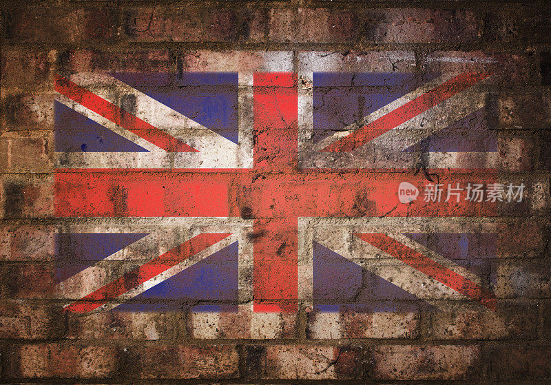 英国国旗印在乡村砖墙上