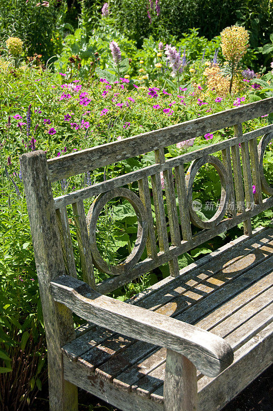 阳光下的旧公园长椅，后面有鲜花