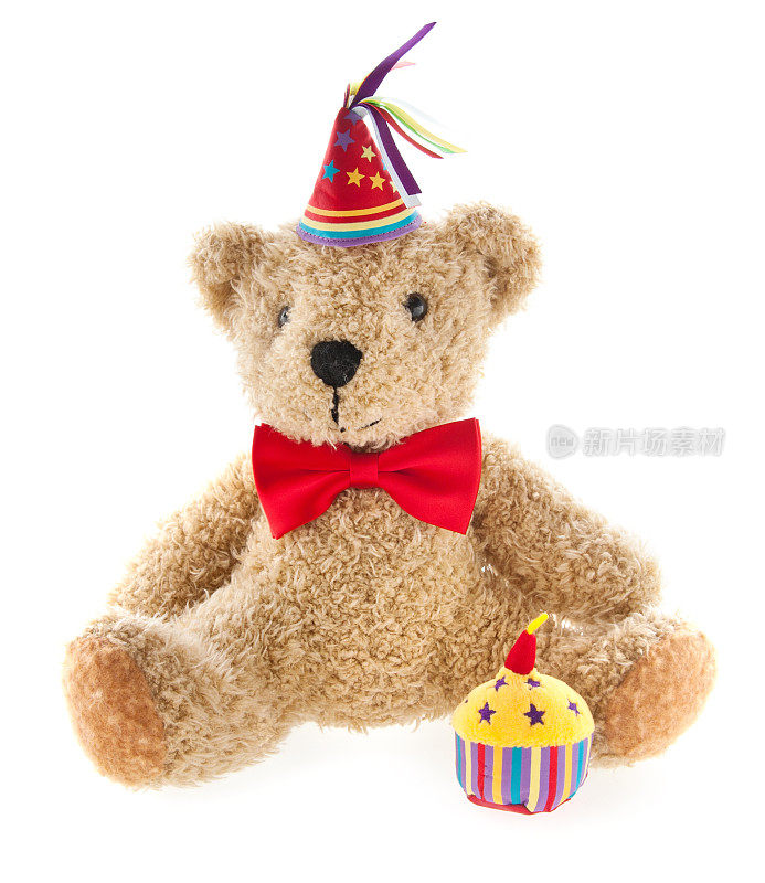 生日泰迪熊杯蛋糕和派对帽子