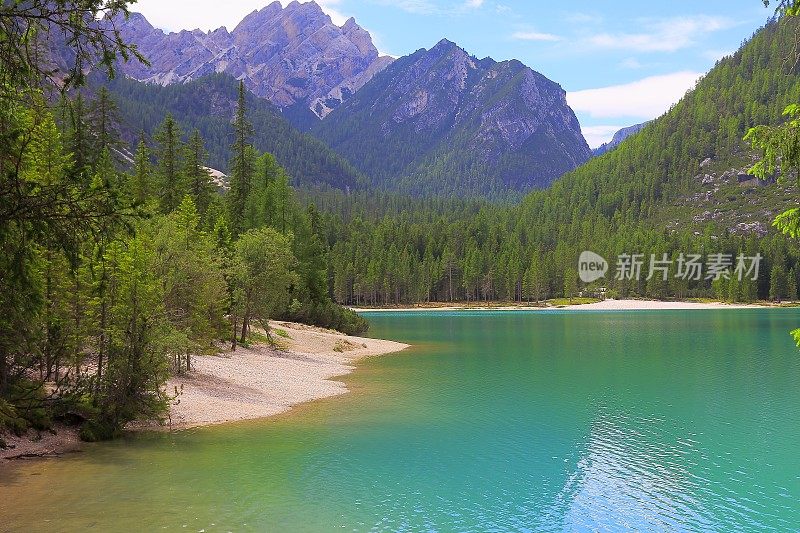 阿尔卑斯绿松石布雷斯湖(拉戈迪布雷斯)，田园诗般的景观附近雄伟的塞科费尔阿尔卑斯山谷，戏剧性的意大利南泰洛白云石雪山全景，意大利