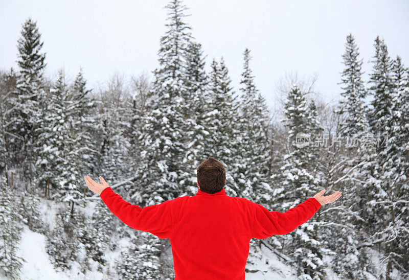 穿红夹克的人向冬天的森林举起双手