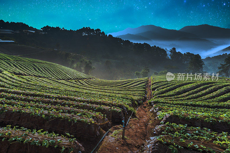 全景清迈自然景观与银河天空在泰国