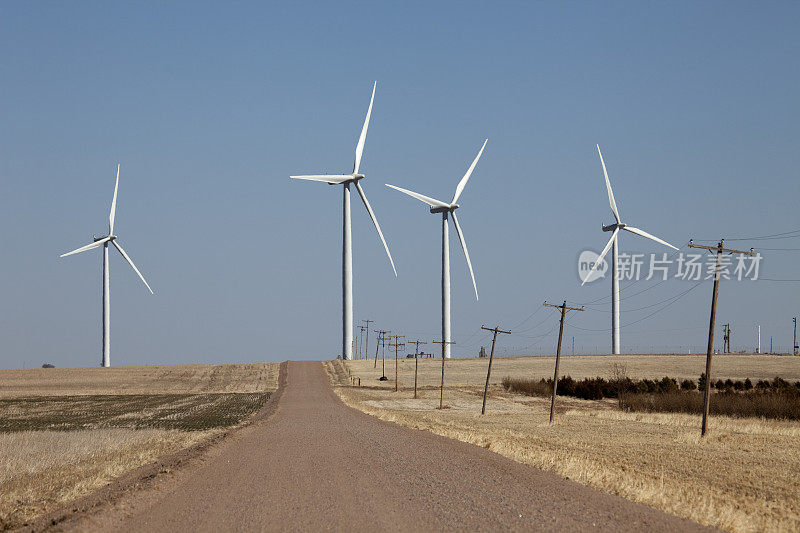 风力涡轮机沿着科罗拉多州东北部的乡村公路