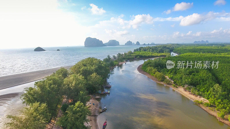 鸟瞰图与长尾船热带海在泰国南部