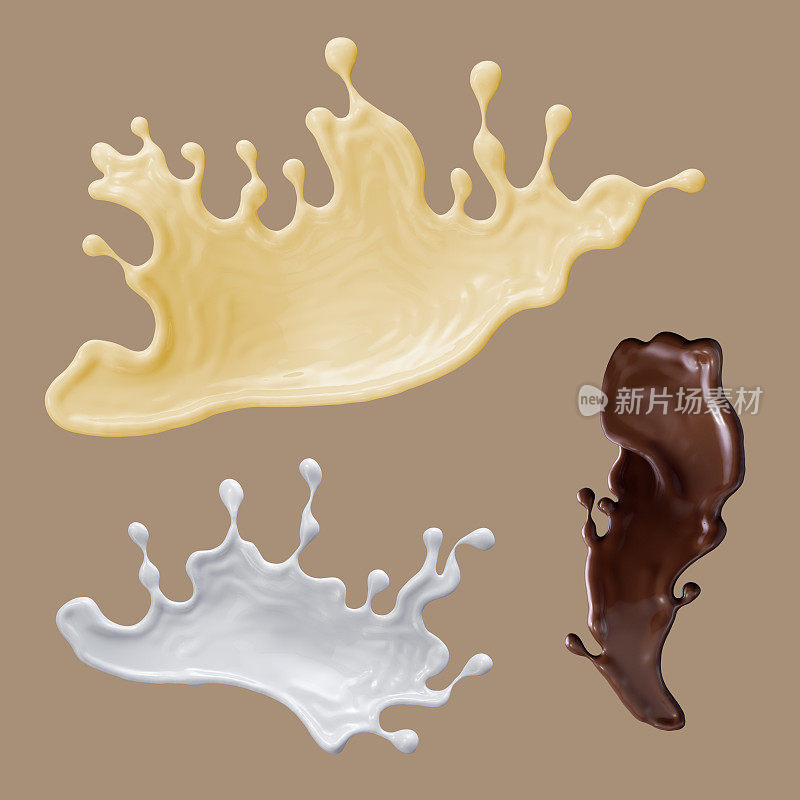3d渲染，抽象液体，牛奶，巧克力，黄油，喷溅，彩色波浪射流，配料集，孤立的喷溅剪辑艺术